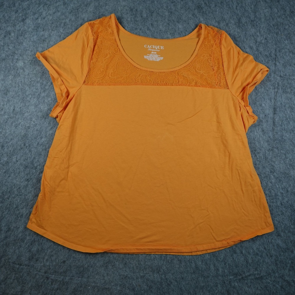 Cacique Pajama Top Women 26/28 Orange Lace Yoke Short Sleeve Cotton Sleepwear